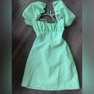 ZARA nwot green structured gingham short balloon sleeves squared neck dress